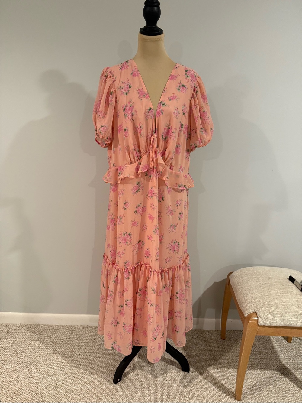 LoveShackFancy Peach Pink Floral Ruffle Maxi Dress